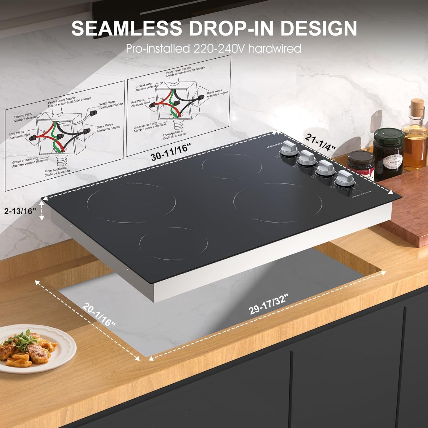 30 Inch Electric Cooktop 4 Burners, ETL Safety Certified Built-in Stove Top Burner with Knob Control, Premium Wear-Resistant Glass, Hot Surface Indicator, 7000W Hardwired for Kitchen