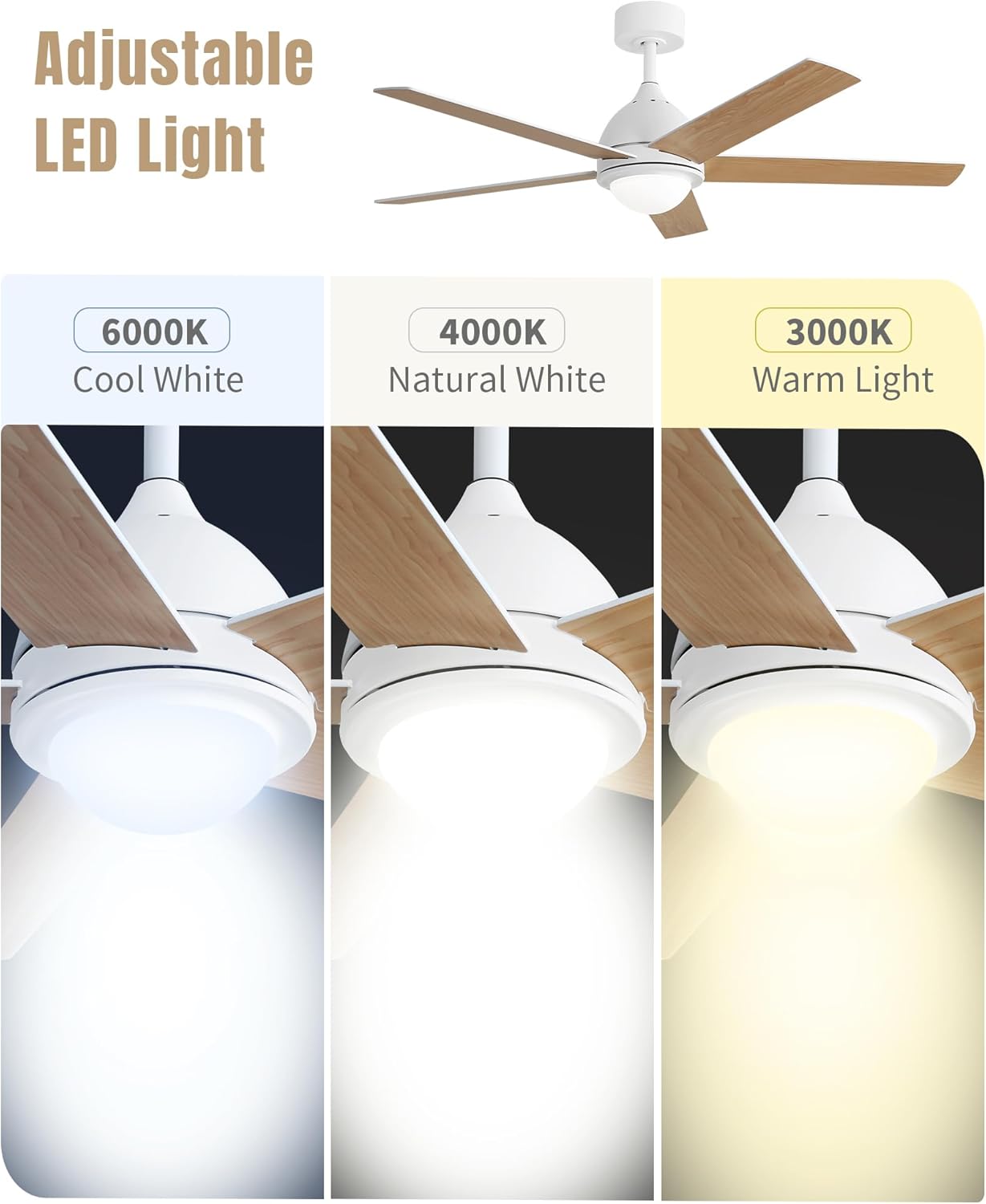 52 Inch Ceiling Fan with Light, Flush Mount Ceiling Fans with Wall Remote, 5 Double-sided Wood Blades, Noiseless AC Motor