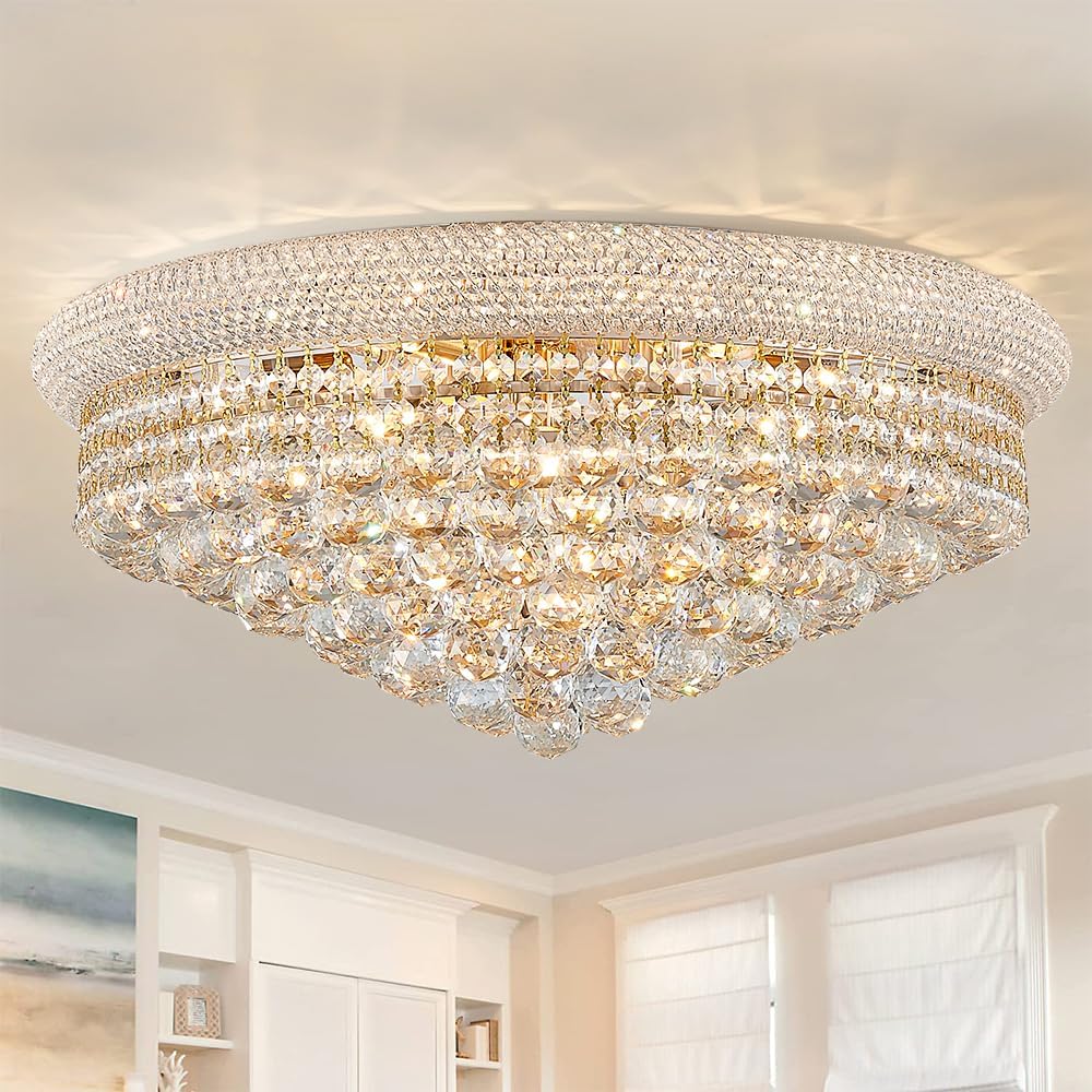 TMAFON Modern Gold Ceiling Crystal Chandeliers - Diameter 24 inch Semi Fulsh Mounted Chandelier Light Fixtures for Living Dining Room, Bedroom