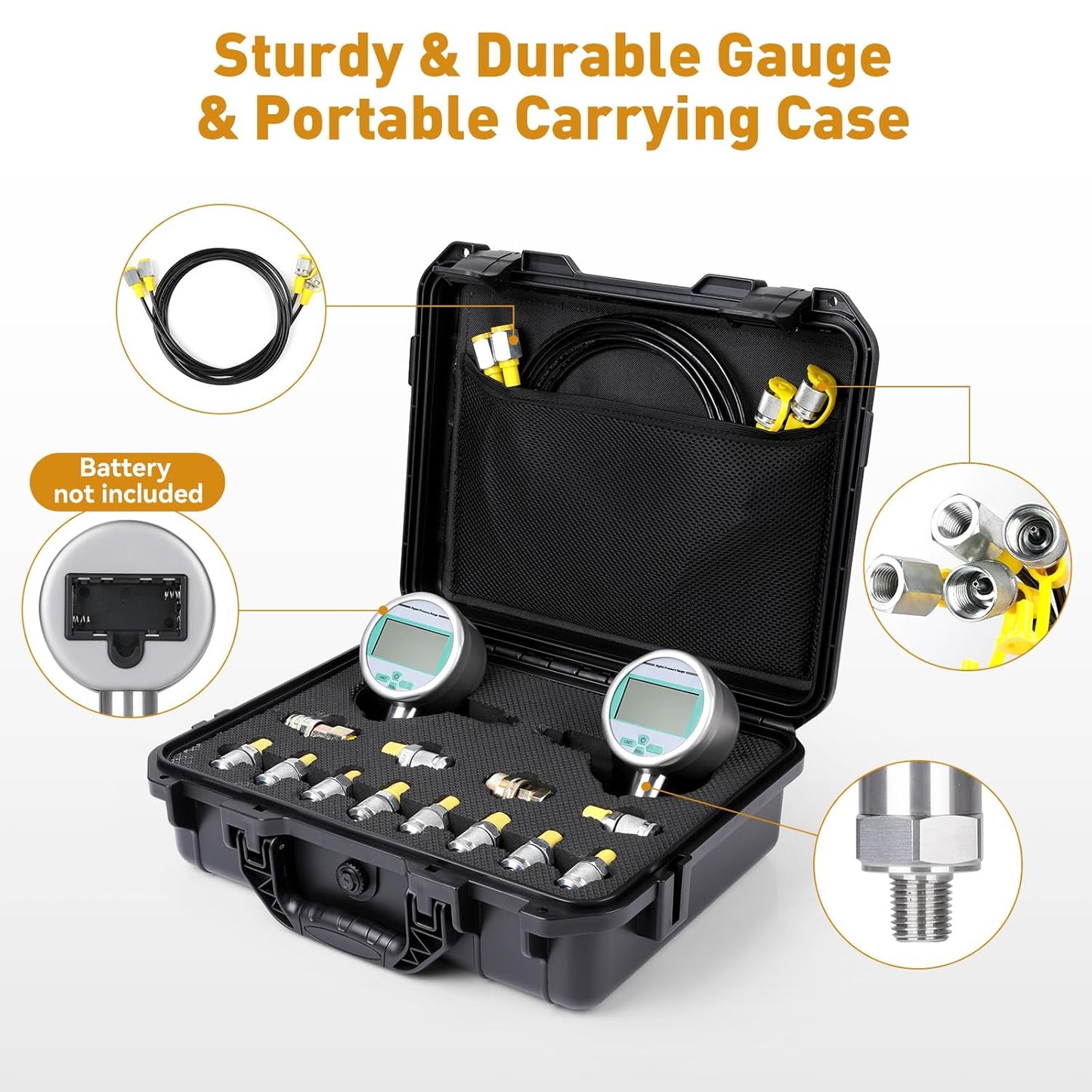 80M Digital Hydraulic Pressure Test Kit, Max 11603PSI/80Mpa 2 Digital Pressure Gauges, 10 Test Couplings, 2 Quick Connectors, 2 Long Test