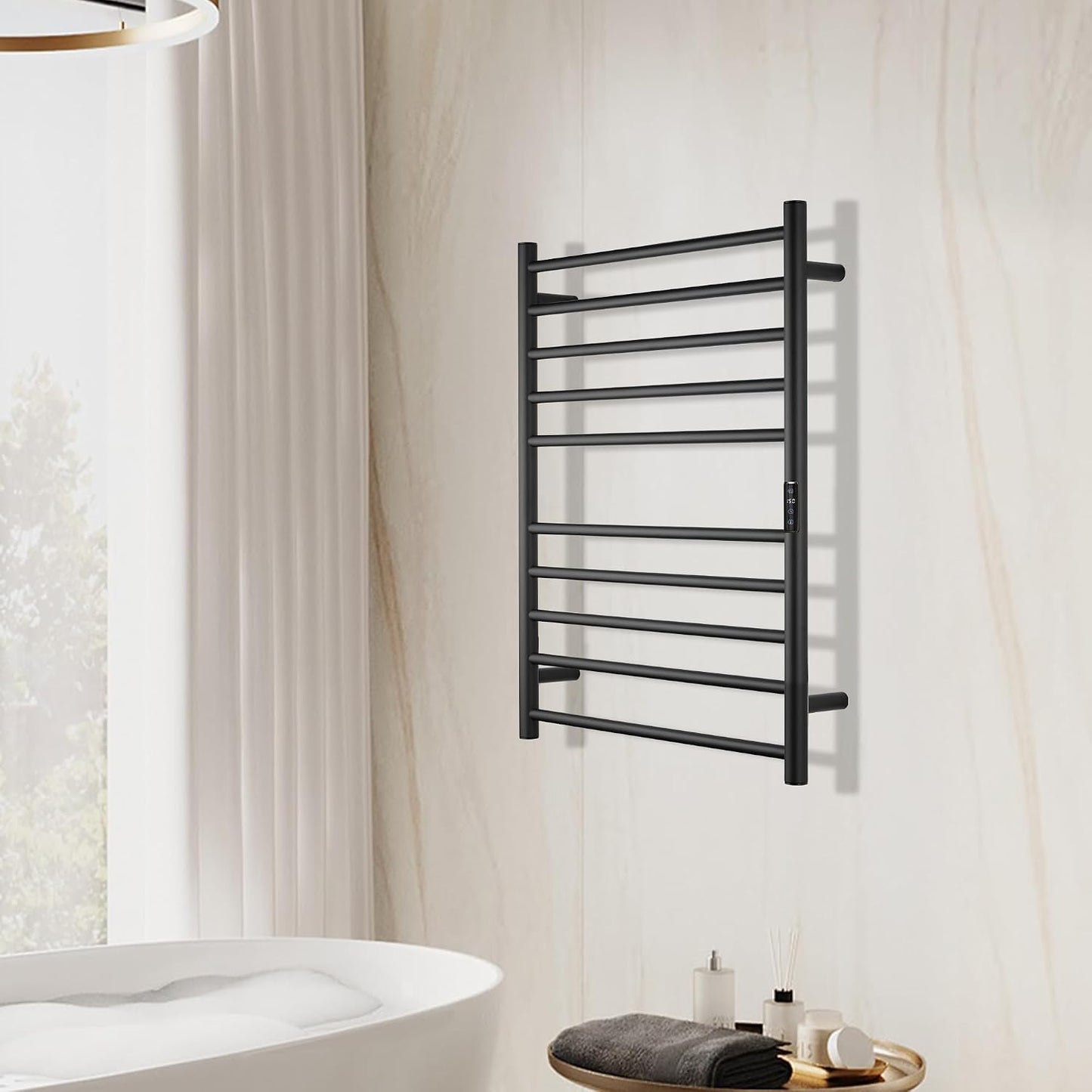 Electric Towel Rack with Voice Control for Alexa & Google Home,TUYA-Wall-Mounted Bathroom Heating Towel Warmer,Stainless Steel Material,31.5x20.08x4.41in,Plug-in,Black,10 Bars 10 Bar Black With Wifi