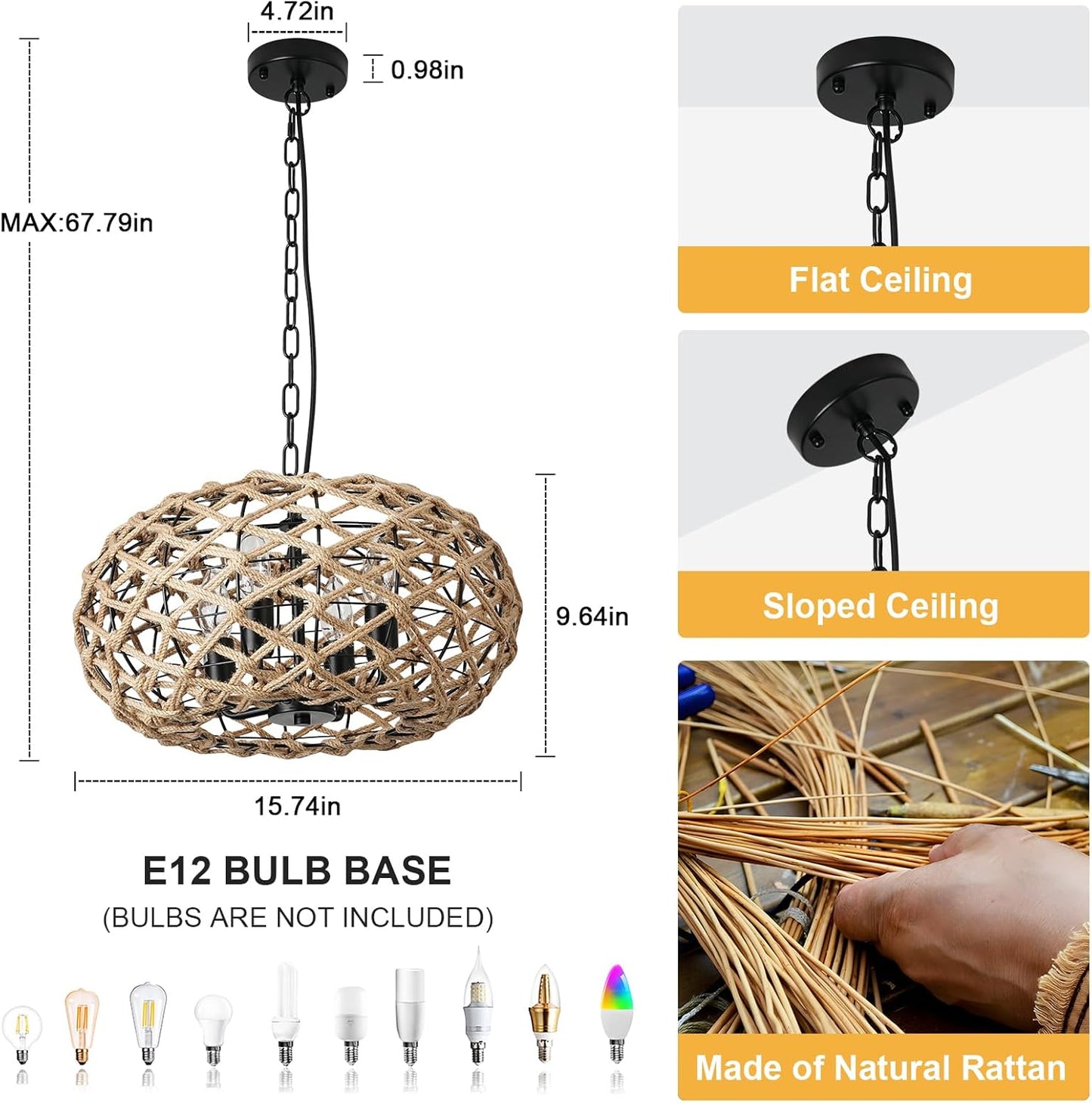 Hand Woven Pendant Light, 4-Light Boho Large Pendant Lighting, 16' Hanging Light Fixtures Rustic Rattan Hanging