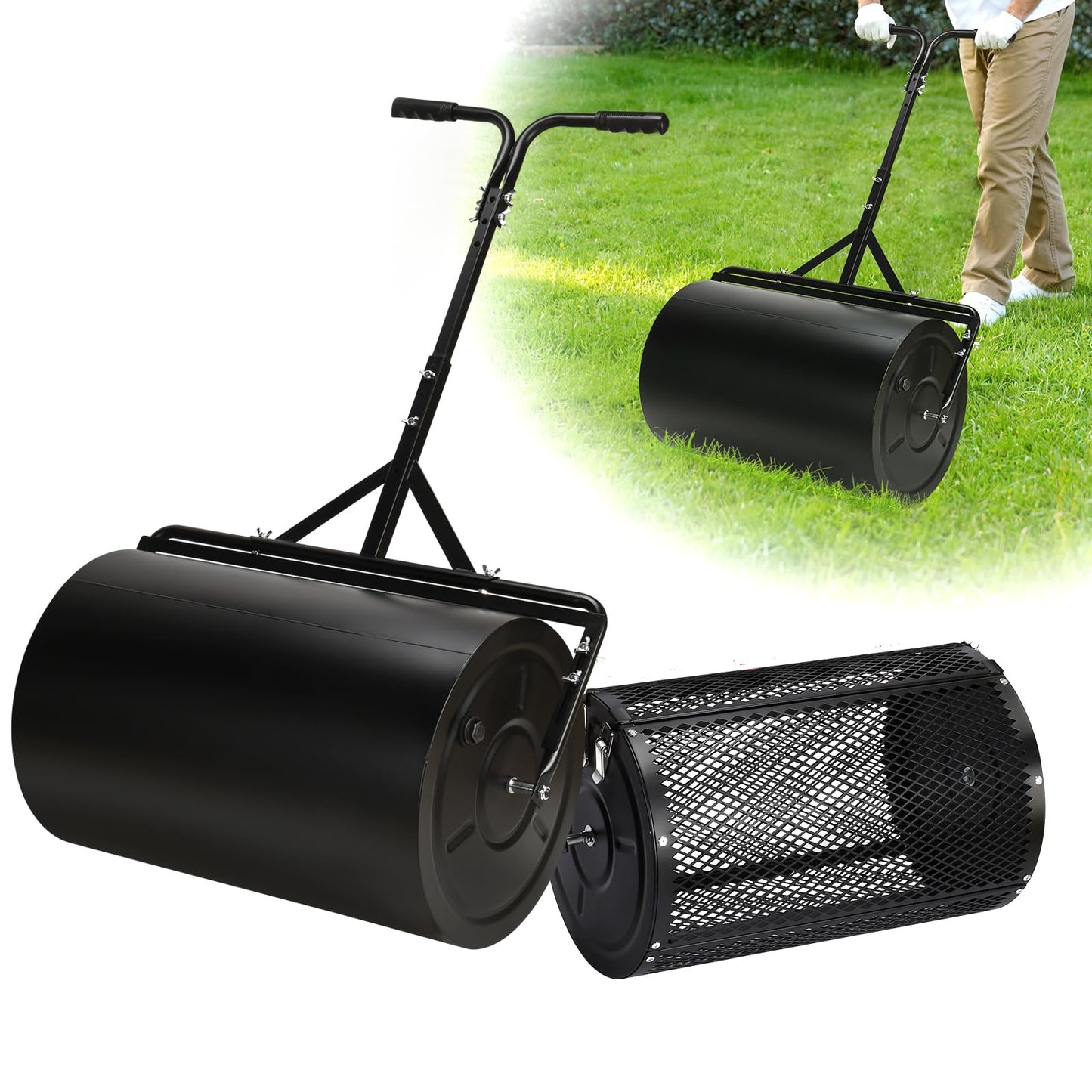GADFISH 24 Inch Compost Spreader & Lawn Roller, Featuring One Wire Mesh Roller and One 23 Gallon Hollow Roller, Push & Tow Design, Suitable for Lawn Maintenance and Peat Moss Spreader