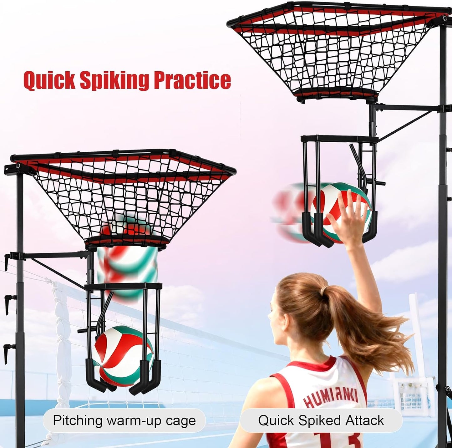 Volleyball Spiking & Setting Trainer, Adjustable Height 93"-126" Solo Practice Equipment, Heavy Duty 88LBS Sandbag Base with Transport Wheels for Indoor Outdoor Backyard Training