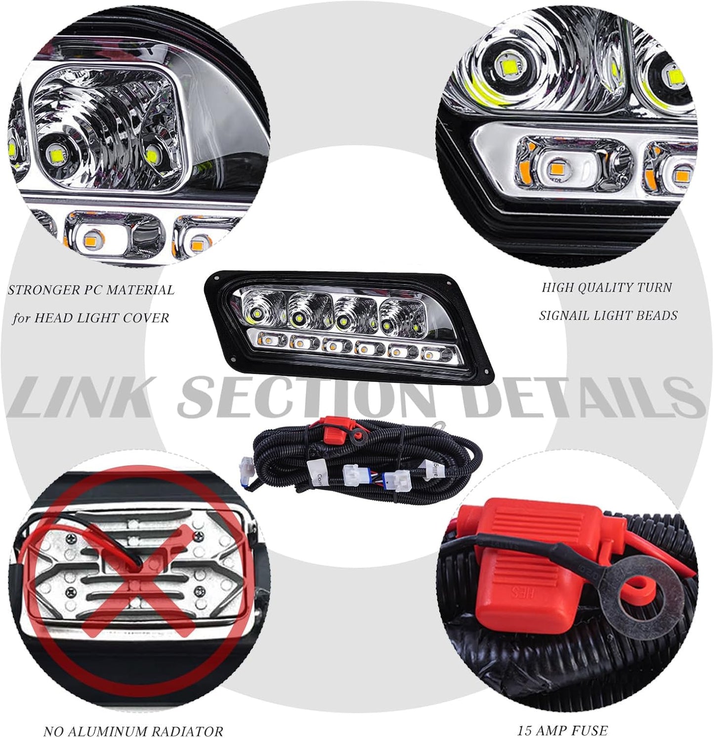 Club Car Tempo LED Street Legal Light Kit 48V, LED High Low Beam Headlight (OEM Style), taillight, Upgraded Wiring Harness, Deluxe Turn Signal Switch, Steering Wheel Cover, Brake pad Switch