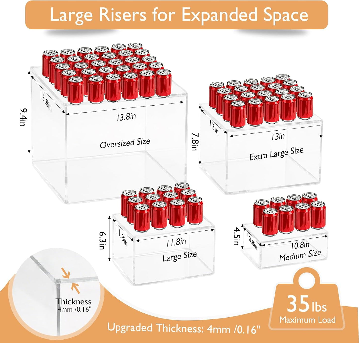 13.8" Extra Large White Risers, Large Size Acrylic Cube Display Nesting Risers, Food risers for buffet table, Transparent Risers for Catering Dessert Collectibles Jewelry Figures Show
