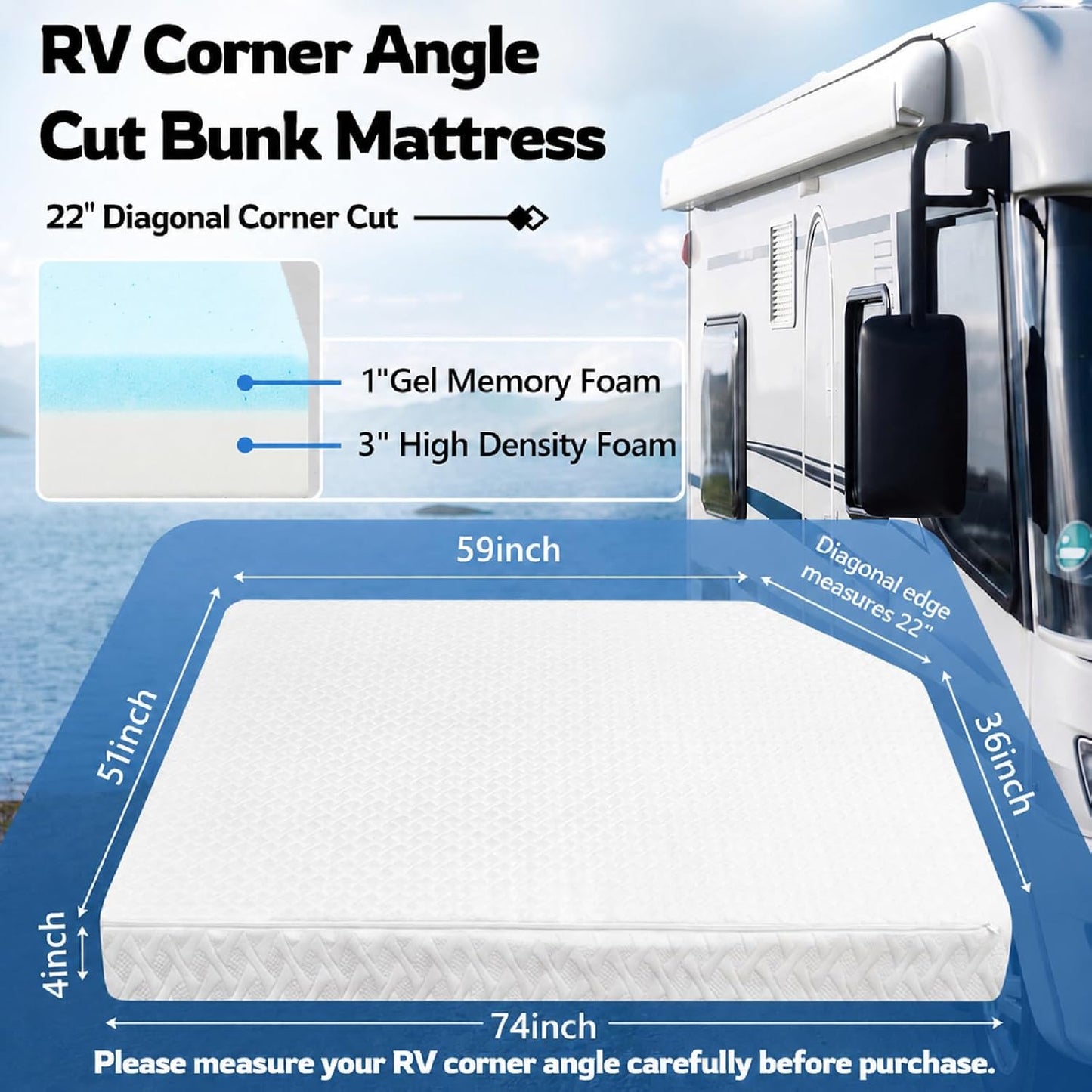 RV Corner Bunk Mattress, 4" Thick Memory Foam, Reversible Dual Comfort Design, Breathable Removable Cover, 51" W x 74" L with 22" Diagonal Corner Cut, for Campers & Trailers
