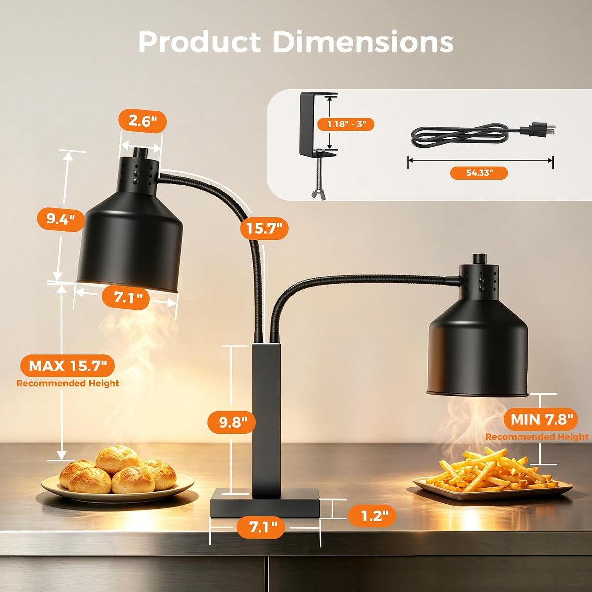 CAMMOO Food Heat Lamp with 8000H Lifespan, Stable C-Clamp for Table Edge Black