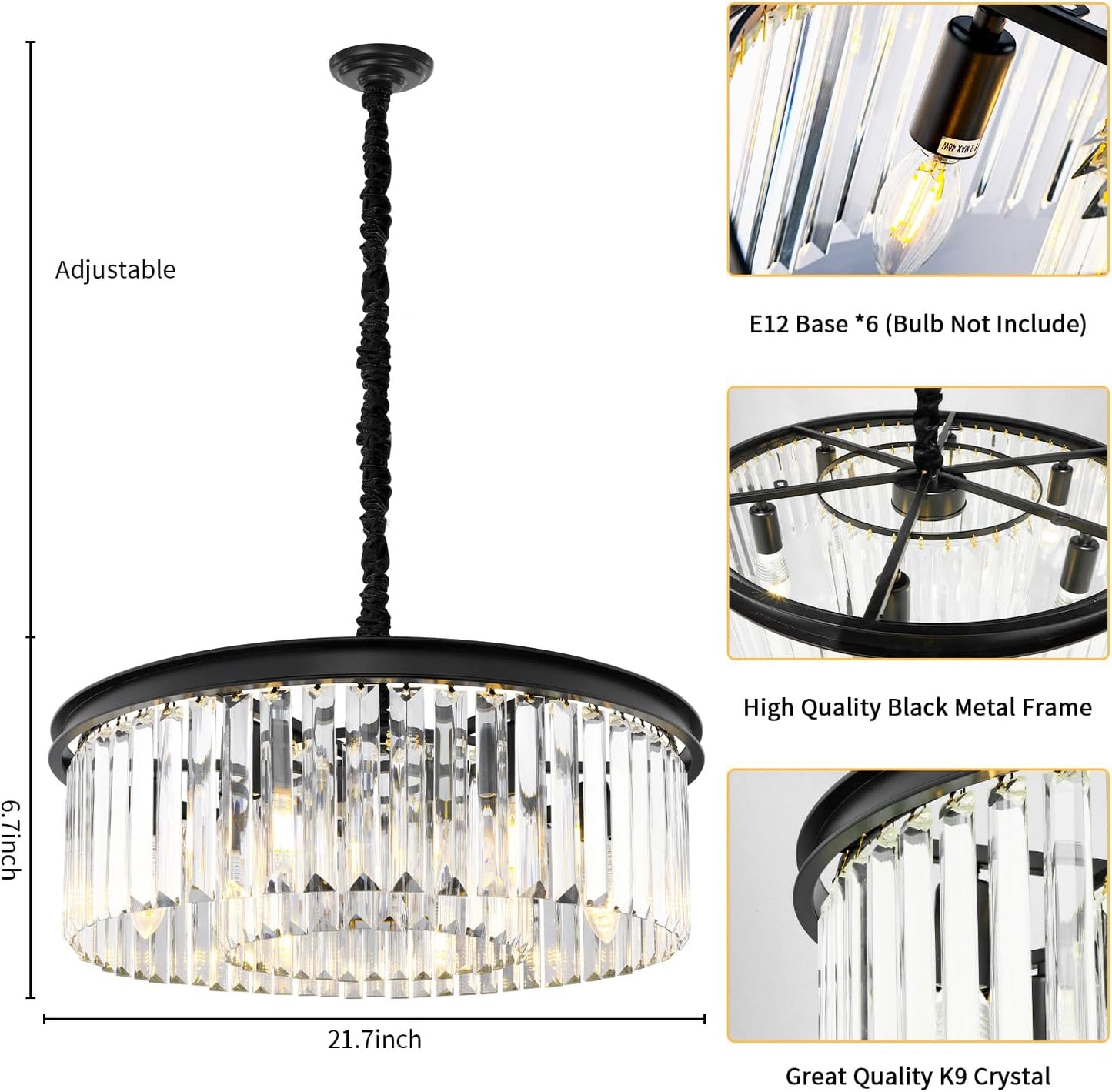 CRYSTOP 2-Tier Black Foyer Chandelier Ceiling Light, Semi Flush Mount Ceiling Pendant Light, Modern Contemporary Crystal Chandeliers for Living Room