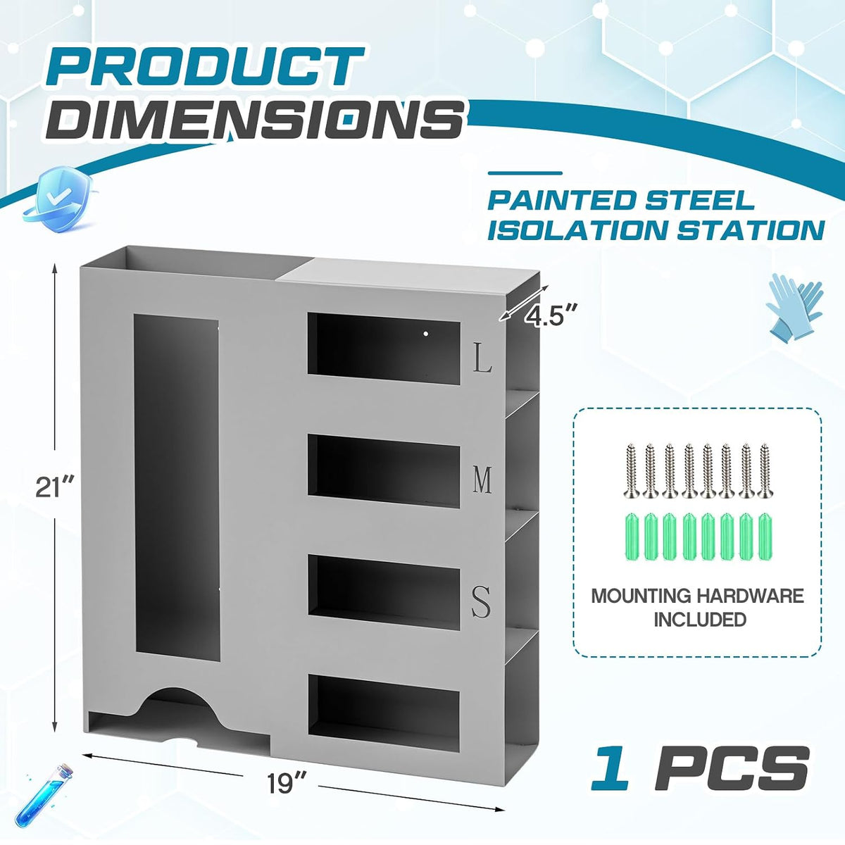PPE Isolation Station, Large Wall Mount PPE Storage Organizer with Engraved L/M/S Size Markings, Carbon Steel Dispenser for Hospital, Laboratory, Industrial Safety Use