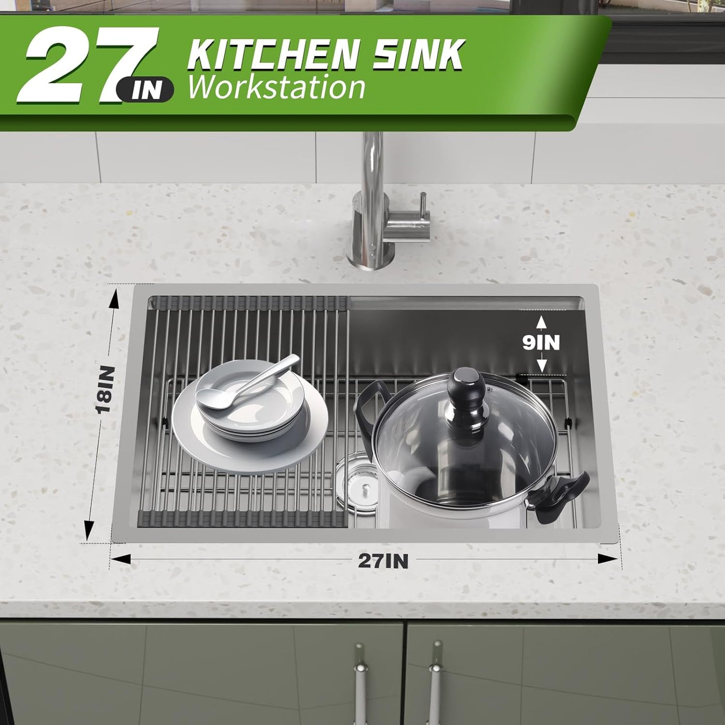 Kitchen Sink Workstation, 27x18 Inch Stainless Steel Drop In Kitchen Sink Modern Undermount Single Bowl Kitchen Sink Gift Combo-SS Grid,Drying