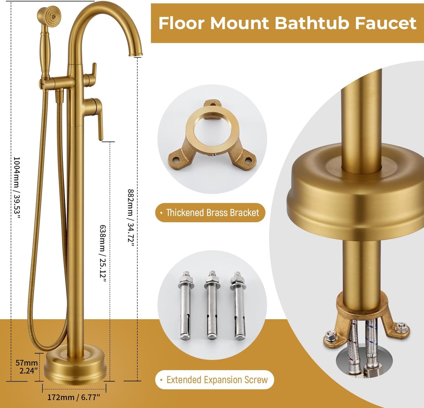 Freestanding Bathtub Faucet, 6.6GPM/60PSI Brass Floor Mount Tub Faucet Vintage Handheld Shower Brushed Gold