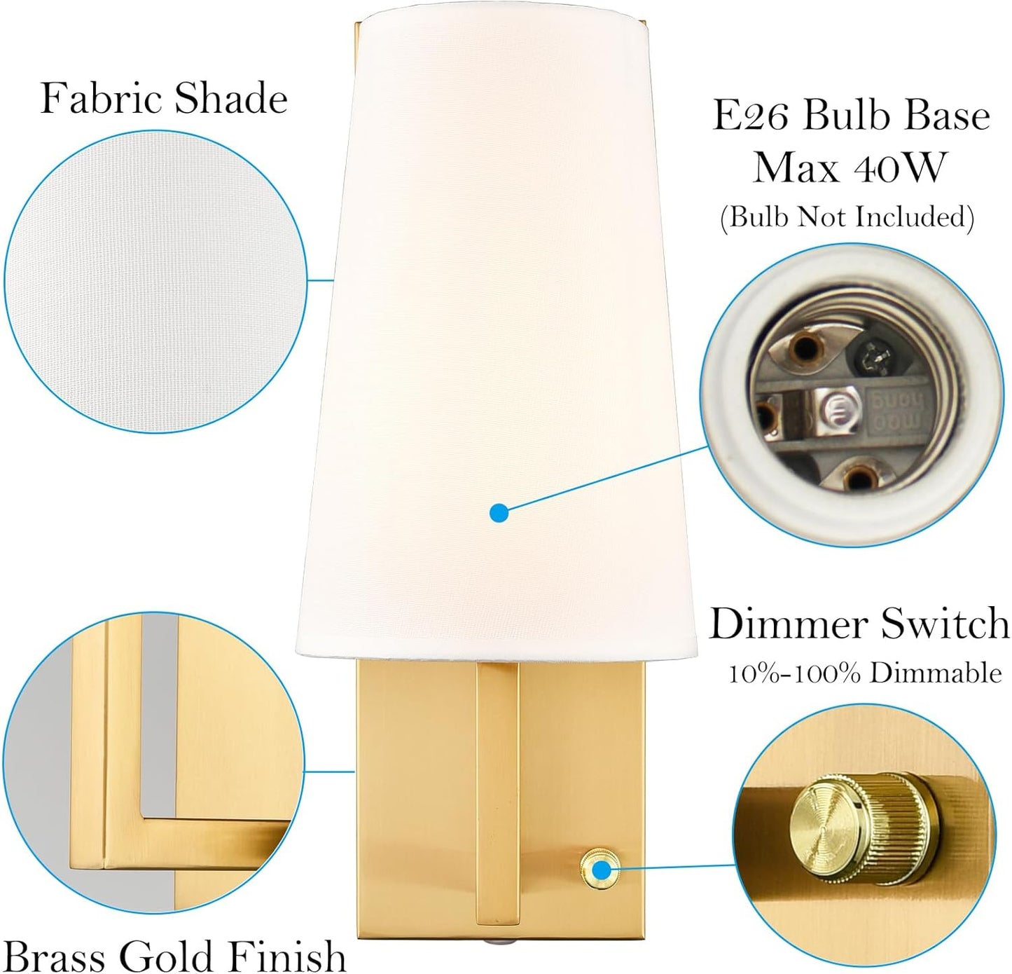 TEENYO Dimmable Gold Wall Sconce Plug-in Set of 2 Mid-Century Modern Fabric Shade Sconces Wall Lighting Hardwired Indoor Wall Light Fixtures Brass