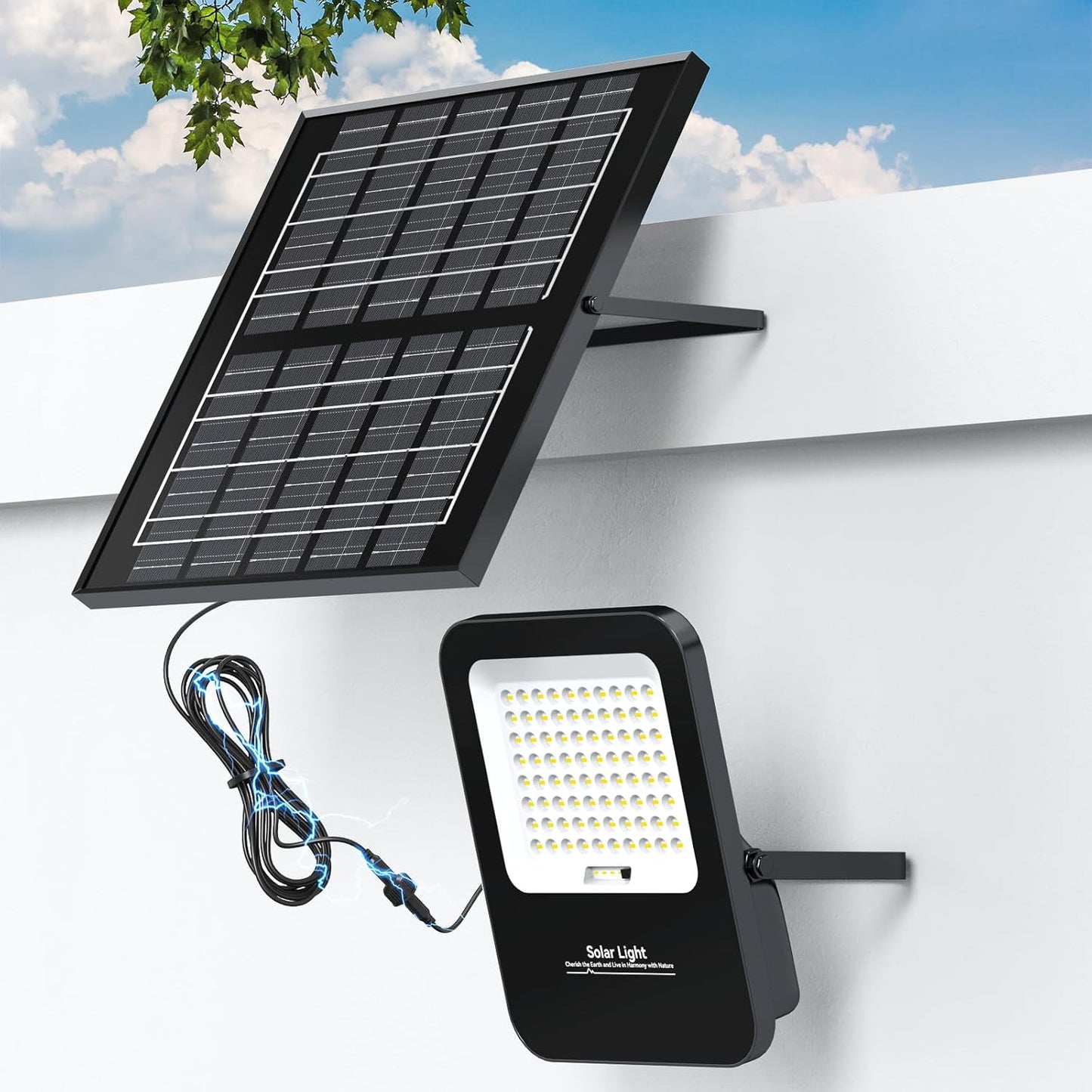 Outdoor 500W LED Solar Flood Lights,Dusk to Dawn 45000LM, IP67 Waterproof, with 16.4ft Cables and Remote Control