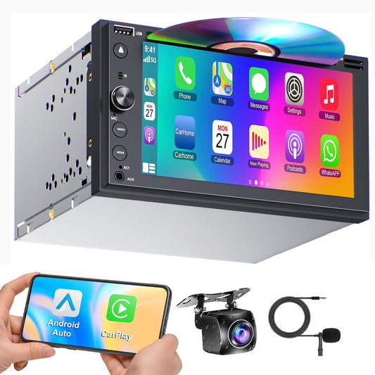 Double Din Car Stereo with CD/DVD Player Apple Carplay & Android Auto, 7 Inch Car Radio with Bluetooth and Backup Camera, Touch Screen, Mirror Link, Steering Wheel Control, USB/TF/AUX Input, AM/FM