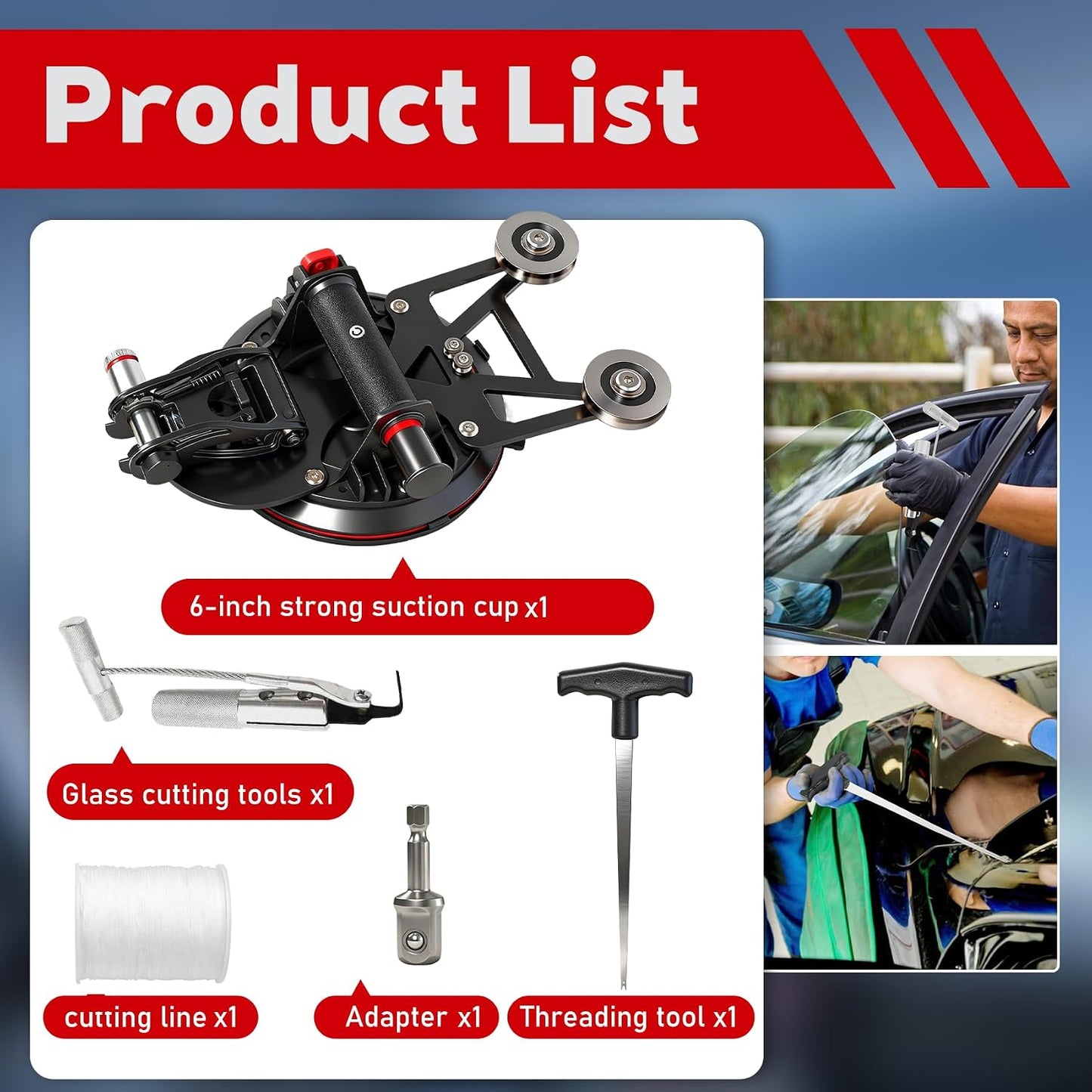Auto Windshield Removal Tool Kit, 6 Inch Suction Cup, Dual Cutting System