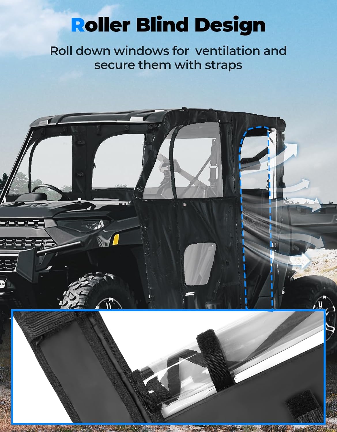 UTV Cab Enclosure Compatible with Polaris Ranger XP 1000 Crew 2019-2024, 2 Zipper Soft Upper Doors with Open Slot for Mirrors, Rolling Window, Water