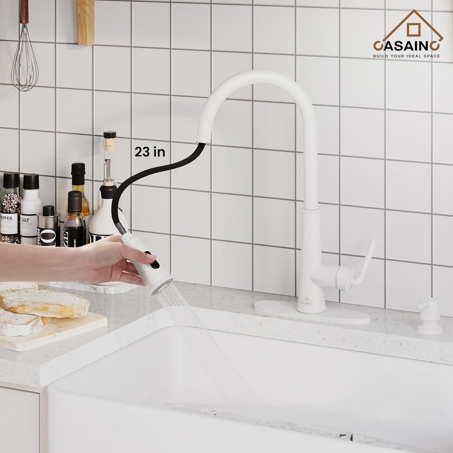 CASAINC Kitchen Faucet with Pull Down Sprayer Matte White with LED Function, 17.31in H Touchless 1.8 gpm Single Handle Kitche