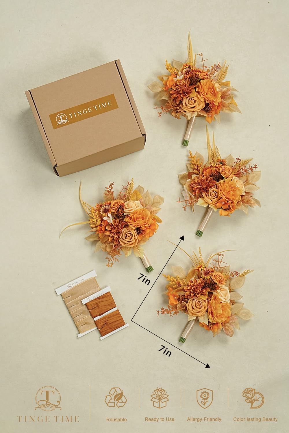 TINGE TIME 7in Wheat Gold Silk Bridesmaid Bouquets Set 4