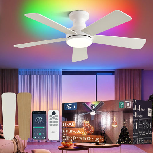 42" RGB Ceiling Fan with Light, App & Remote Controlled Flush Mount Ceiling Fan, Music Sync Lighting, 6-Speed Quiet Reversible DC Motor, 4CCT Dimmable for Bedroom Living Room, White White RGB APP