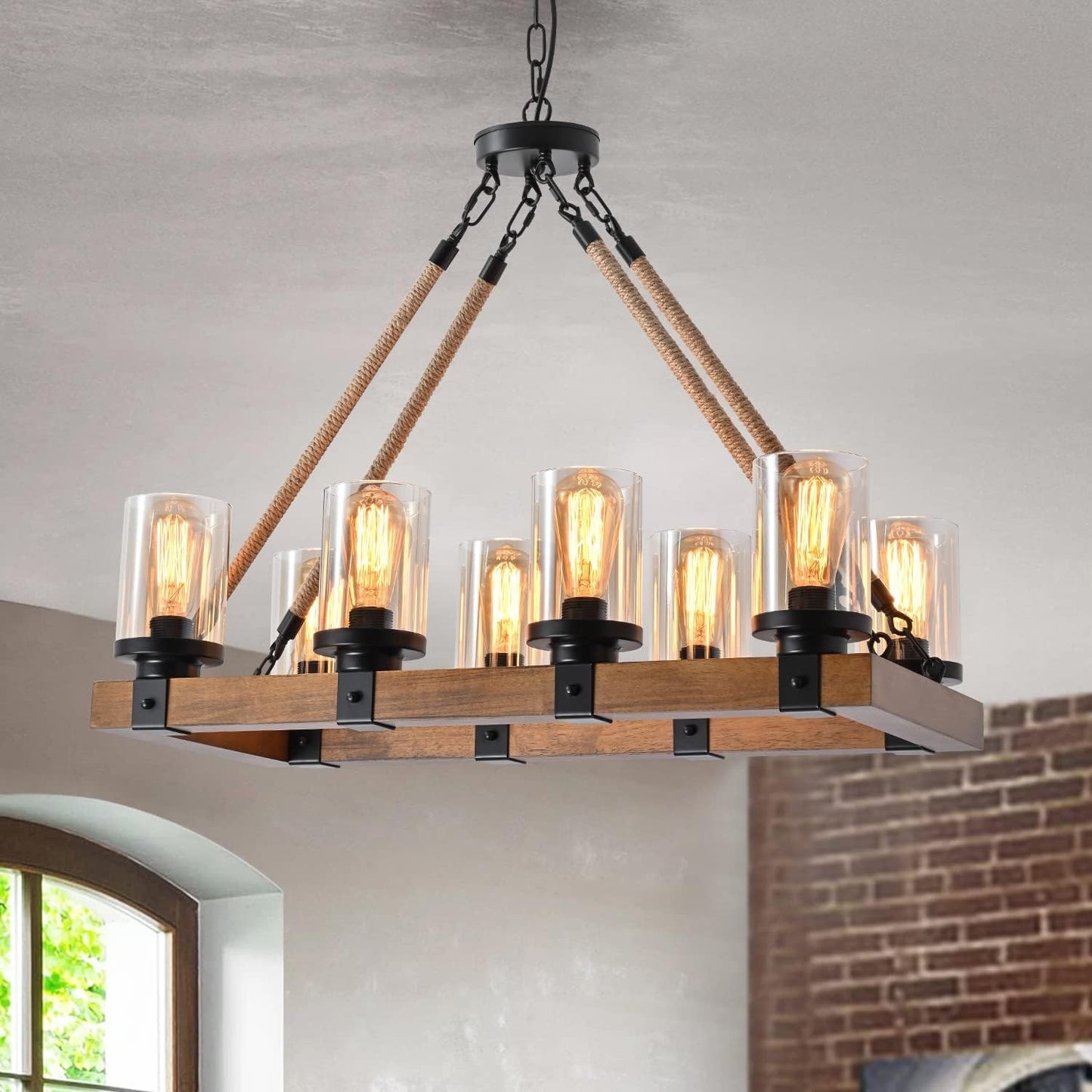 8-Light Farmhouse Chandelier Kitchen Island Light Fixture, Wood Chandeliers, Candle Pendant Light, Glass Lodge and Tavern Pendant Lighting 480W Max