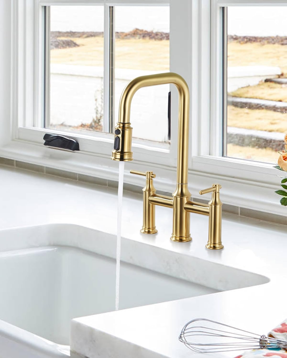 Kitchen Faucet Brushed Gold: Two Handles 8 Inch Centerset Brass Kitchen Faucet - 3 Holes High Arc Kitchen Faucet with Pull Down Sprayer for