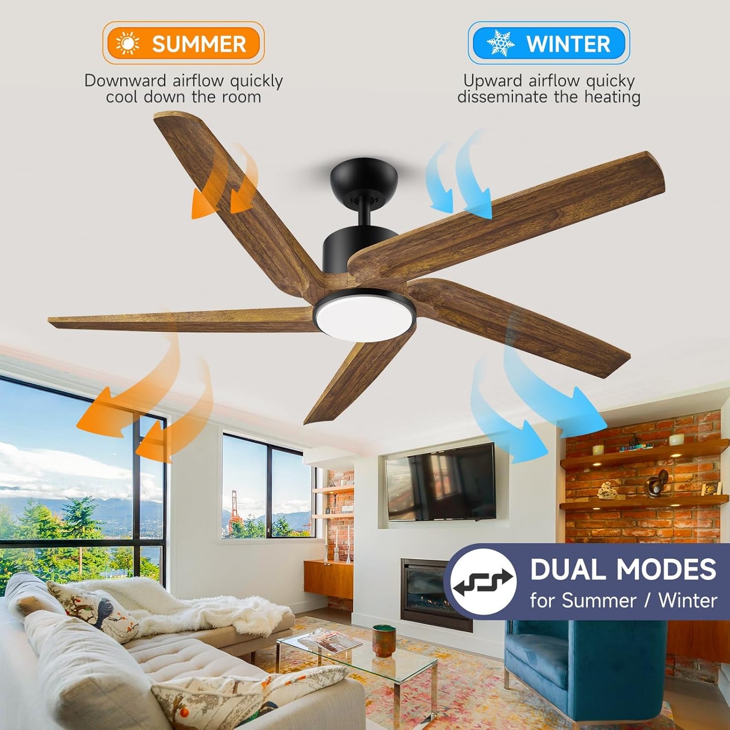 52 Inch DC Ceiling Fans with Lights and Remote, Outdoor Ceiling Fan for Patios Waterproof with Lights and 3 Downrods, High cfm 5 Blades Wood Modern