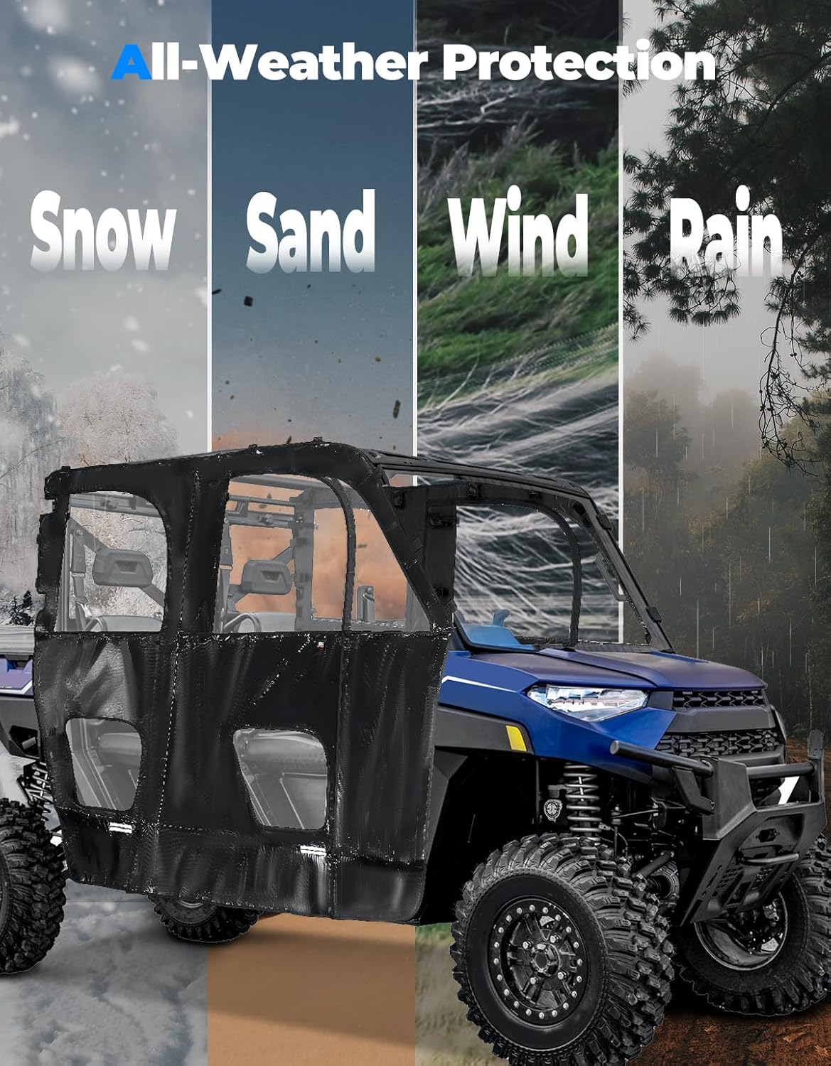 UTV Cab Enclosure Compatible with Polaris Ranger XP 1000 Crew 2019-2024, 2 Zipper Soft Upper Doors with Open Slot for Mirrors, Rolling Window, Water