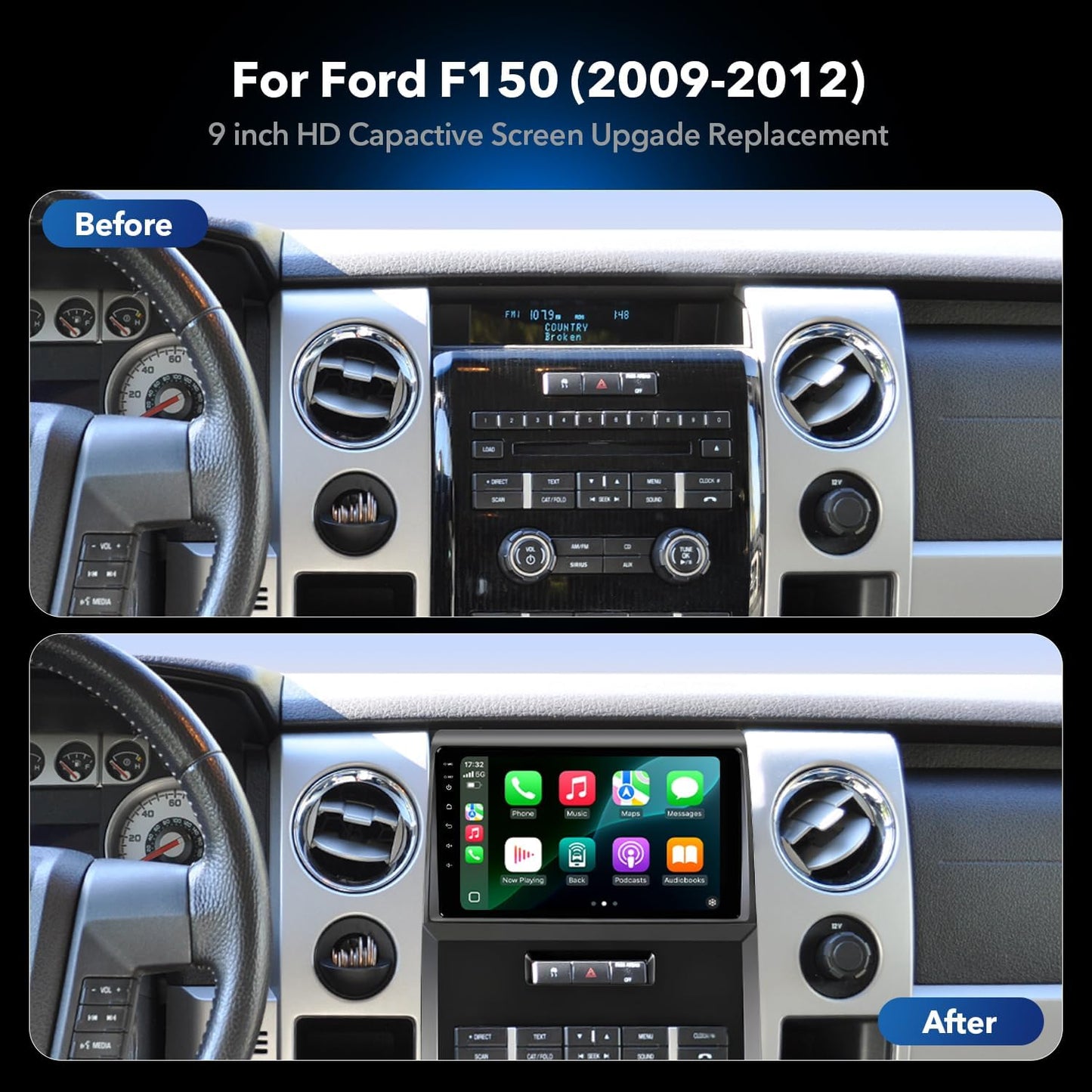 8 Core 4+64GB Car Radio Stereo Upgrade for Ford F150 2009 2010 2011 2012, Plug and Play 9'' Android 13 Head Unit with Wireless Carplay/Android Auto/1080P Backup Camera/AM FM Radio 9'' QLED TOUCHSCREEN