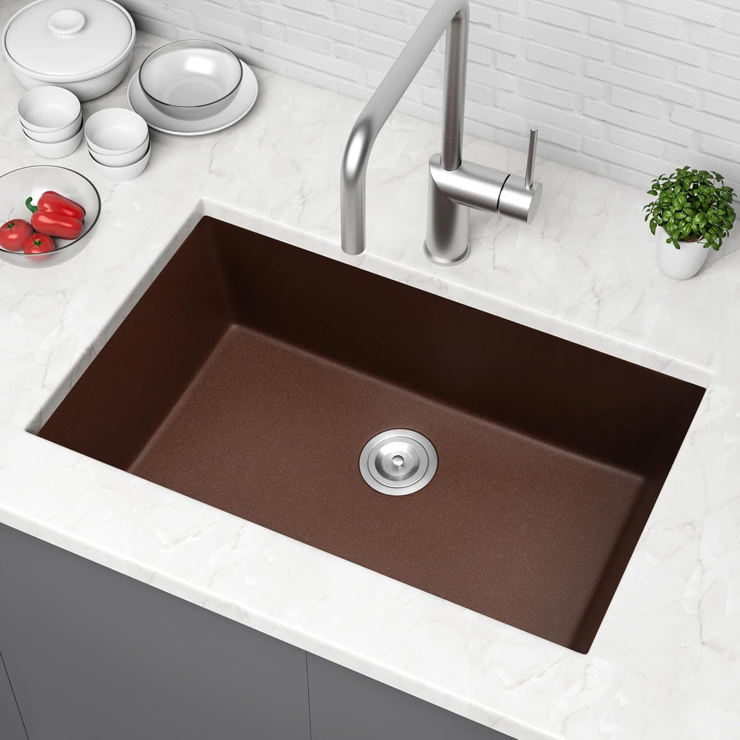 MILOSEN Undermount Brown Kitchen Sink 31 Inch, Single Bowl Granite Composite Kitchen Sinks, 3118 Inch Quartz Kitchen sink