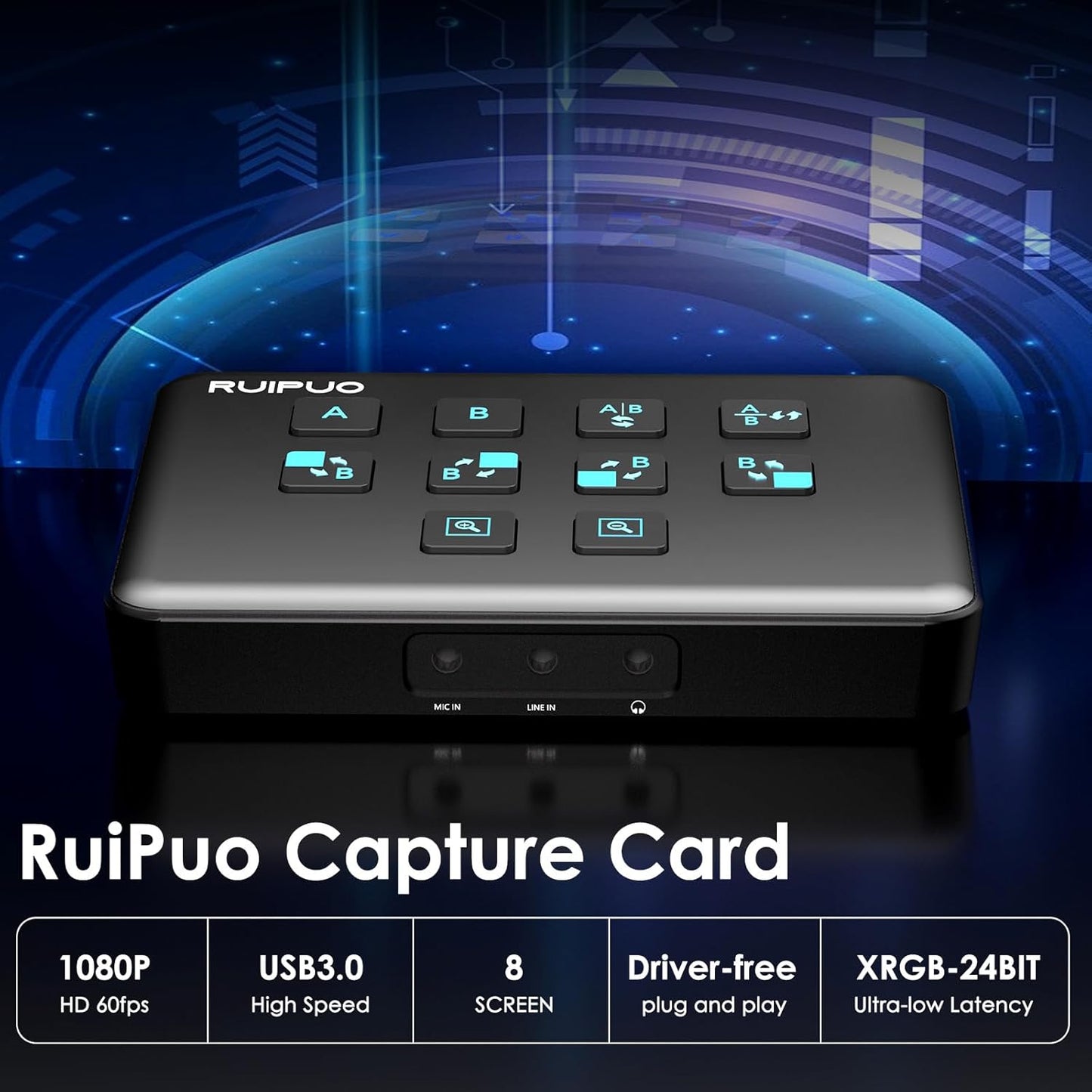 RuiPuo Video Capture Card 1080P 60FPS Black 4K 60HZ Dual HDMI Input Video Capture Card HDMI to USB 3.0 Video Capture Card for OBS Live