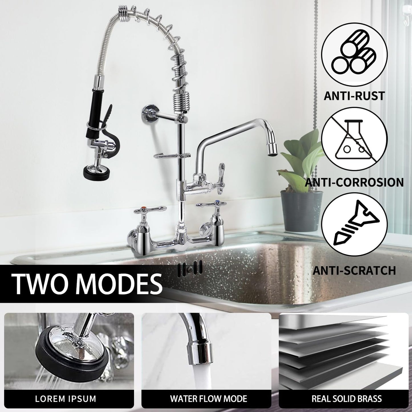 QANBAIN Commercial Sink Faucet,Commercial Faucet with Sprayer 8 Adjustable Center Wall Mounted Restaurant Faucets,12' Spout andPull-Down Pre-Rinse