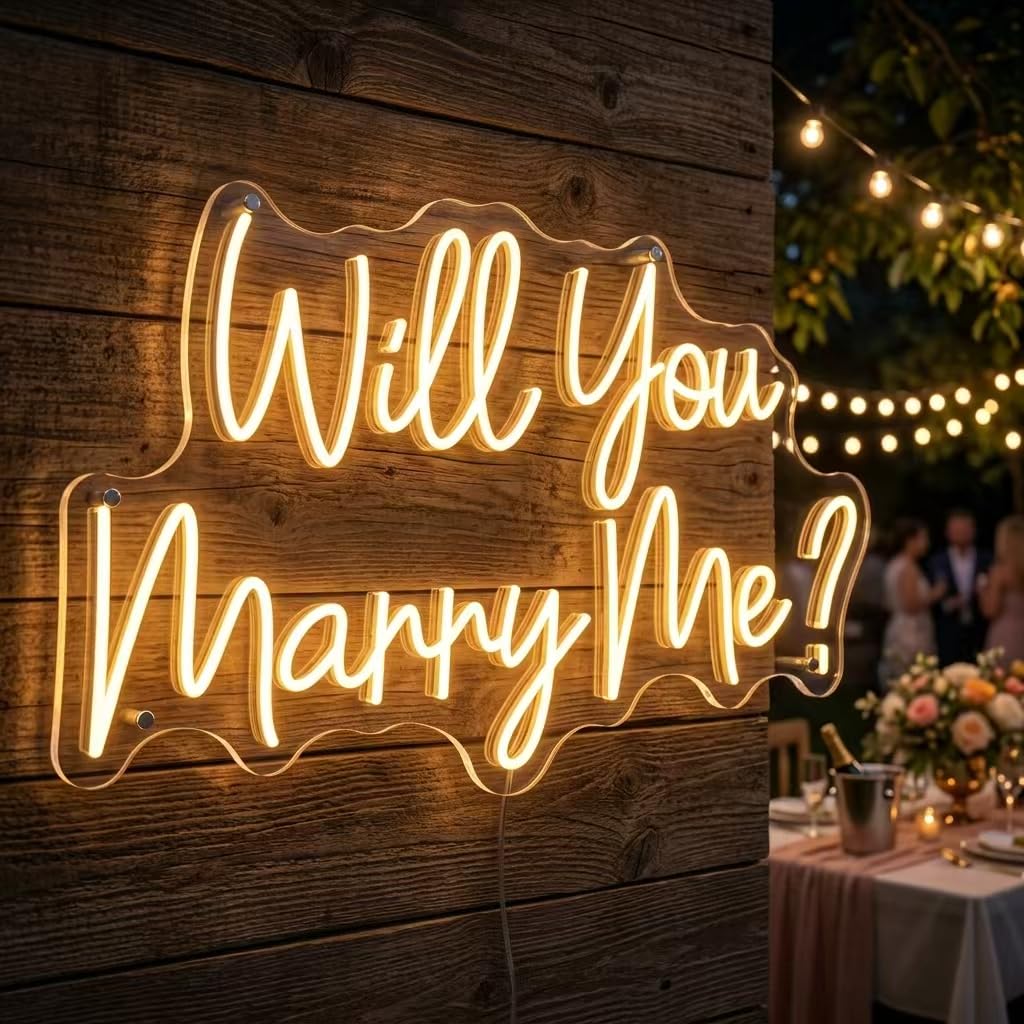 Will You Marry Me Neon Sign, 23"×14.6" Warm White LED Neon Light for Proposal Wedding Wall Decor, Adapter Powered Romantic Neon Sign