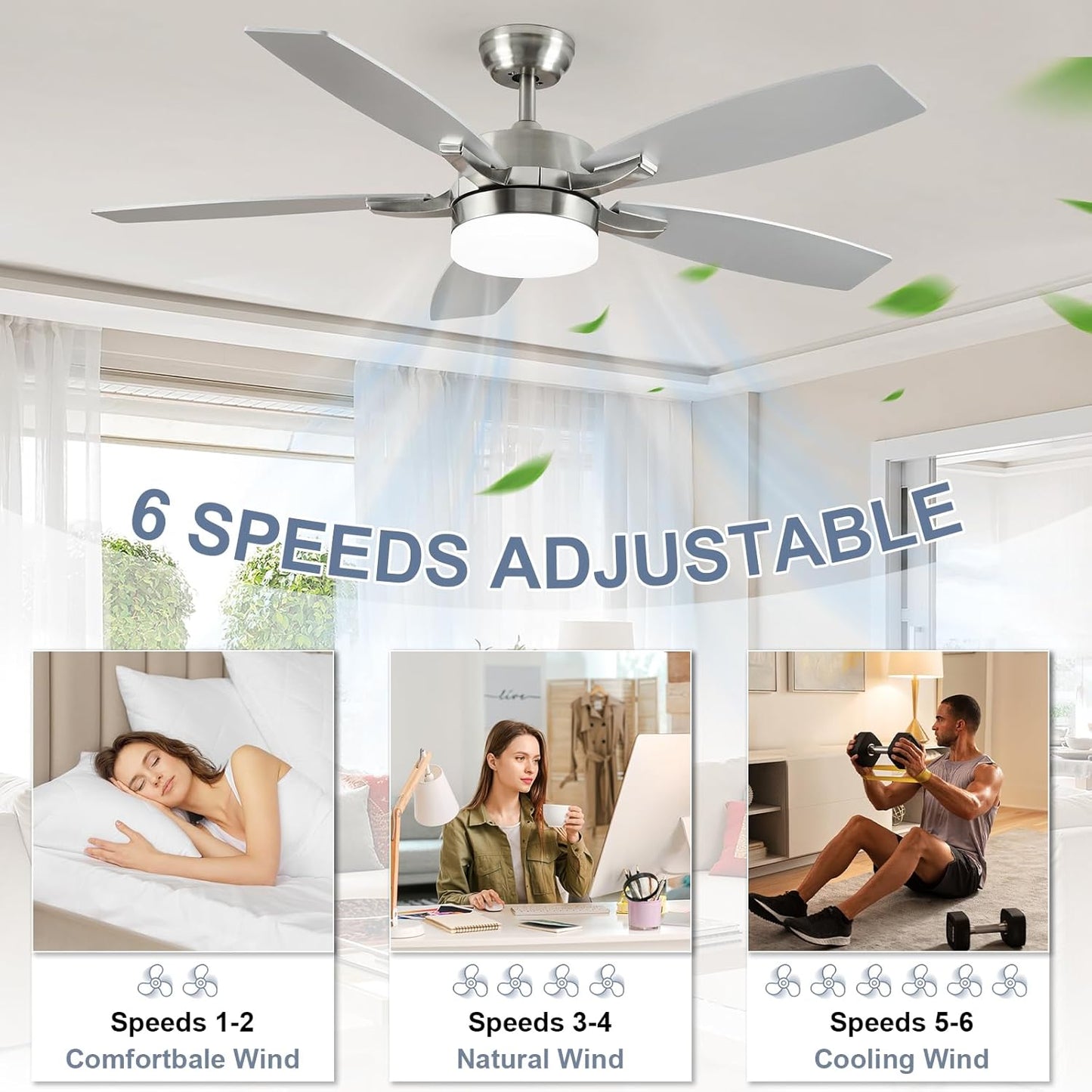 Ceiling Fans with Lights, 52 Inch Silver Ceiling Light with Fan and Remote Control, Quiet 5 Blades 4 Timer 6 Speeds