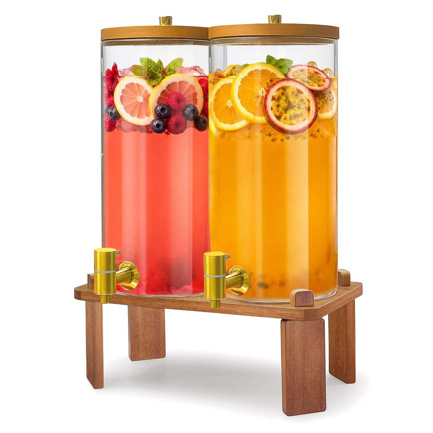 2PCS Drink Dispenser, 1.5 Gallon Each Glass Beverage Dispenser with Wood Stand, Juice Lemonade Dispenser with Stainless Steel Spigots, Drink Dispensers for Parties