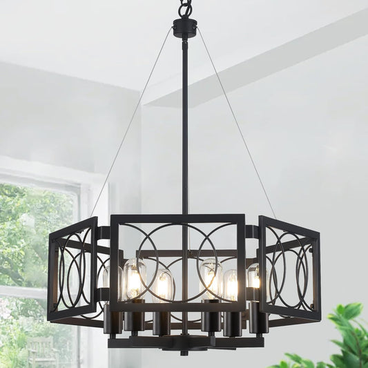 22.83' Black Farmhouse Chandelier for Dining Room, Large Modern Industrial Geometric Pendant Lighting Fixture Adjustable Hanging Lights fo