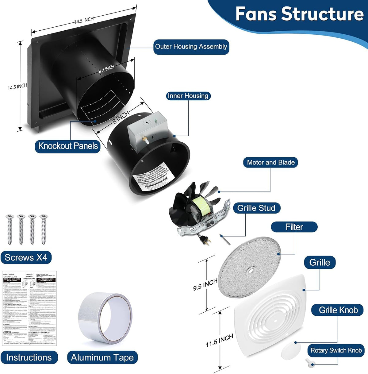 200 CFM Through-the-Wall Exhaust Fan with On/Off Switch Kitchen Exhaust Fan
