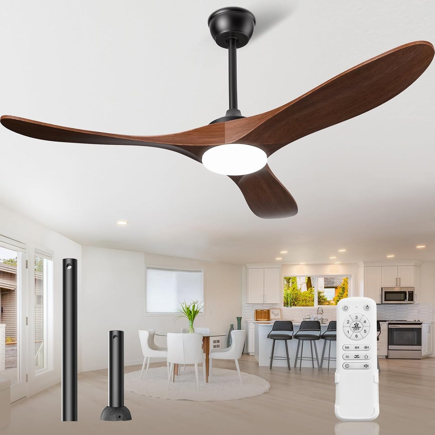 Ceiling Fans with Lights and Remote, 3 Solid Wood Blades, Outdoor Wooden Ceiling Fan with 2 Downrods for Patios, 52 Inch Modern Ceiling Fan with