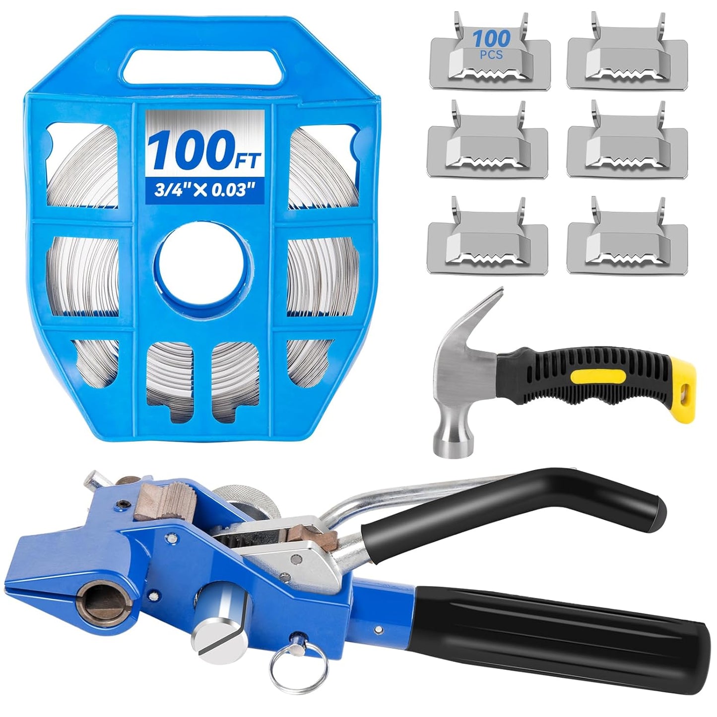 Stainless Steel Banding Strapping Kit with Ratchet Tensioner/Cutter, 100FT3/4' 304 Steel Banding Coil with Blue Tray, 100PCs Buckle, 1H