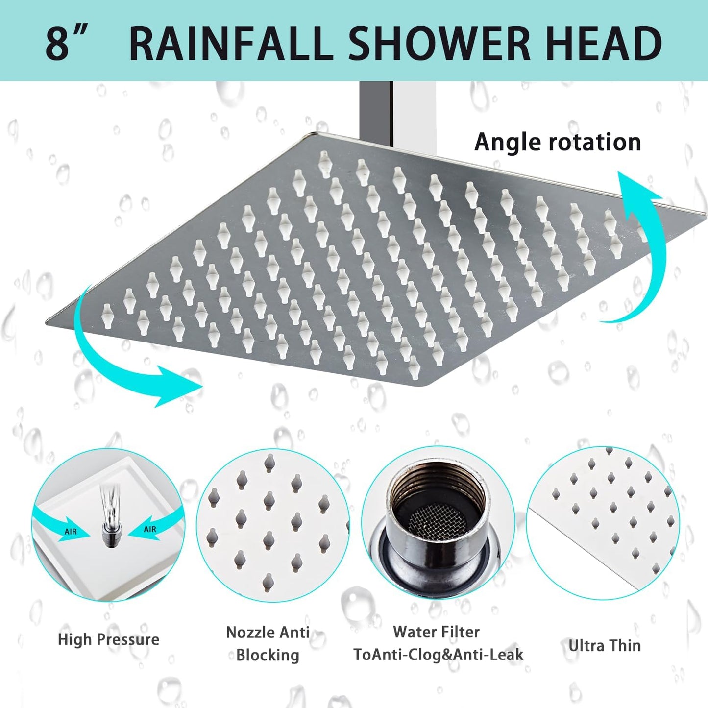 RTOBWEYE Shower Faucet Set Silver Shower System with 8 Inches Rain Shower Head,Ceiling Mount with 3-Setting Handheld Shower Combo System,Stainless