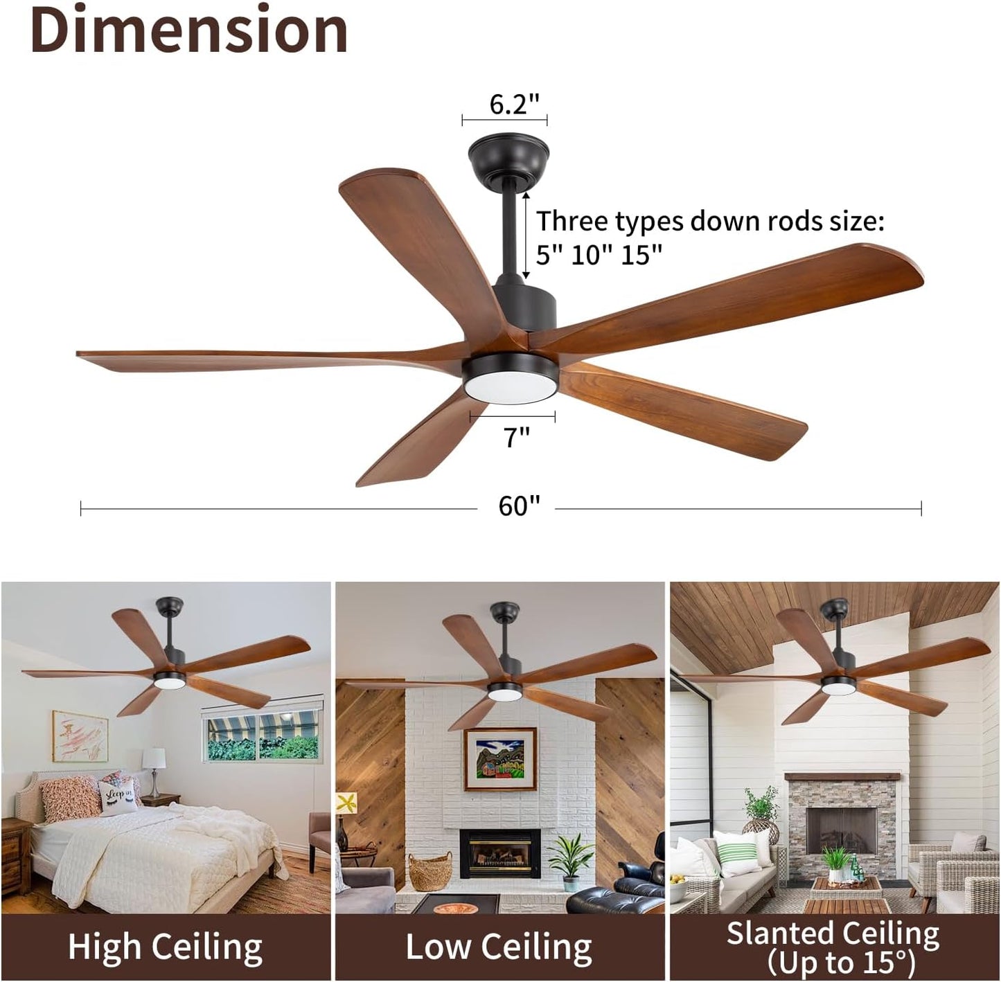 60 inch Ceiling Fan with Light, Natural Solid Wood Blades Outdoor/Indoor Ceiling Fan with Light and Remote, 6 Speeds Qu