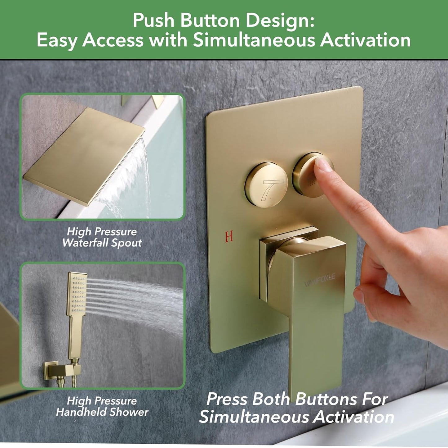 Push-Button Waterfall Bathtub Faucet Set with Sprayer Wall Mount, Shower System Brushed Gold Shower Faucets Sets Complete, Single Handle Brass T