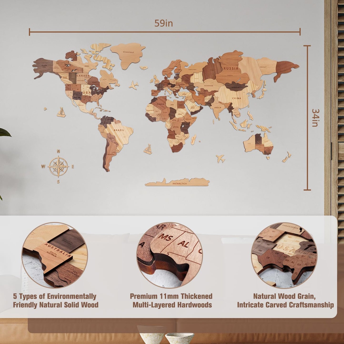 Handiwoo Wooden World Map 3D, Wood World Map Wall Art, Multilayered Wooden Map of The World Wall Decoration, Idea Housewarming Gift Large Wood Travel