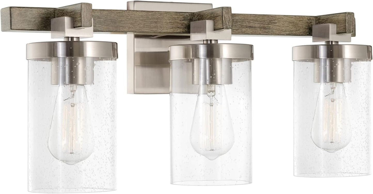 Kira Home Concord 22&#34; 3-Light Farmhouse Vanity/Bathroom Light + Seeded Cylinder Glass Shades, Reclaimed Oak Wood Style + Brushed Nickel Finish