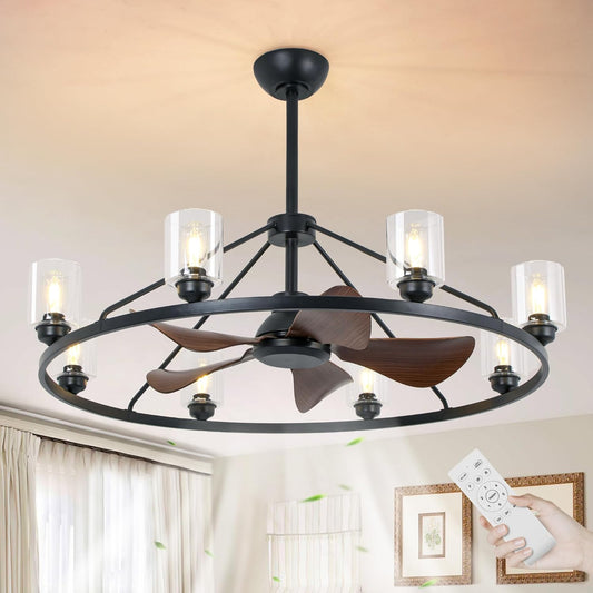 43' Black Wagon Wheel Chandelier Fan with Lights, 8-Lights Large Round Farmhouse Fandelier Light Fixture with Glass Shade, Rustic Industrial Ceiling