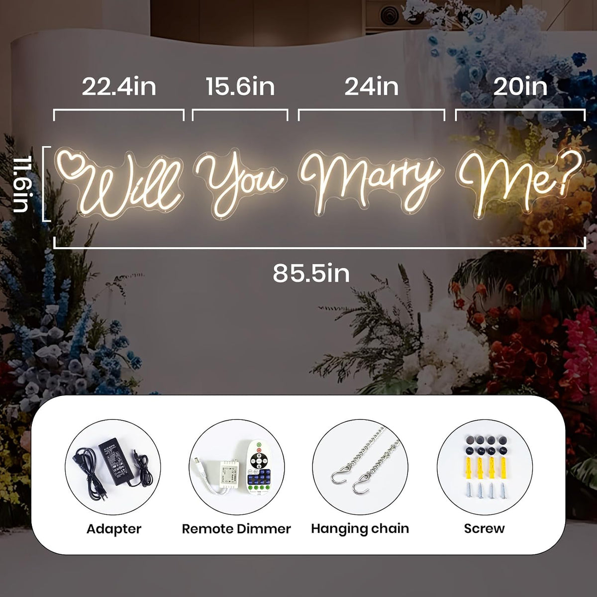 Will You Marry Me Neon Sign, Large 4-Piece LED Neon Light, 85.5 x 11.6 in