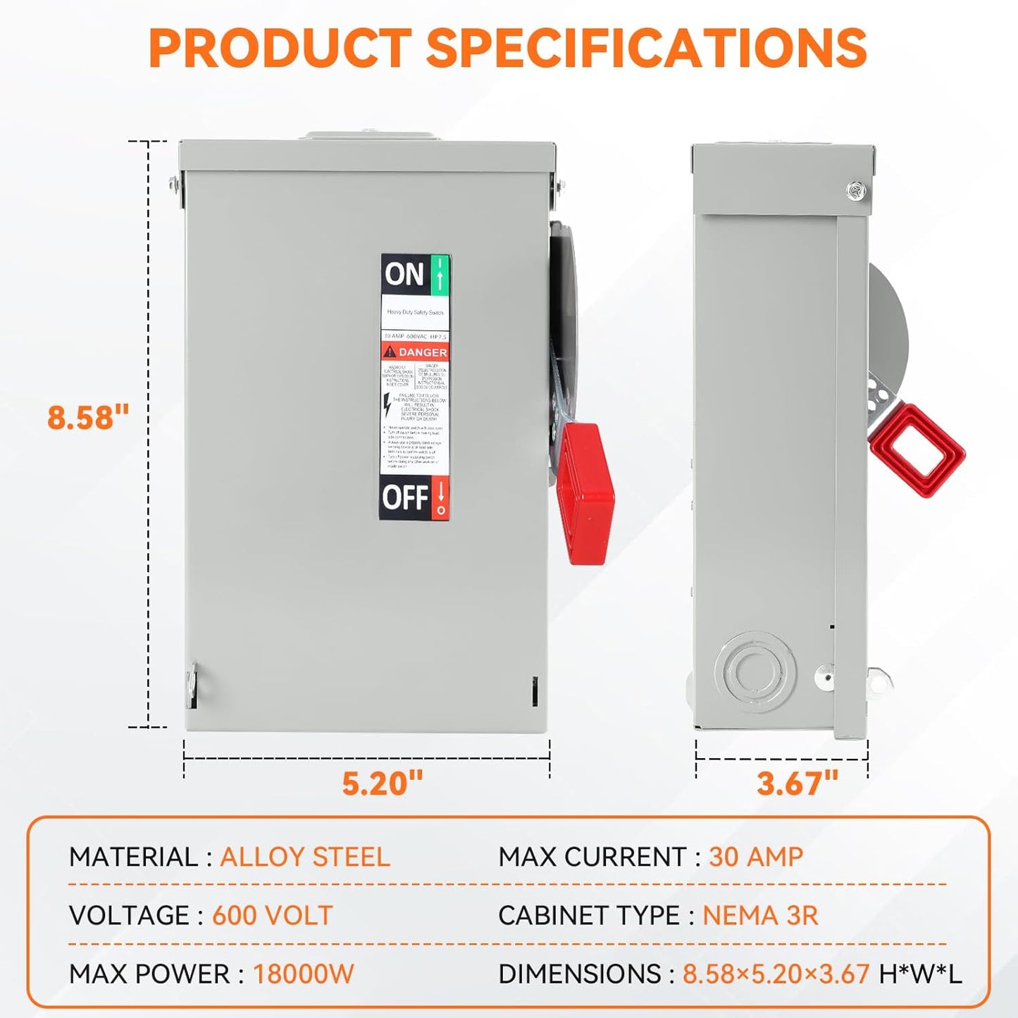30 Amp Disconnect Switch, Fusible, 3 Pole 600 Volt, with Interlock Mechanism, Anti Corrosion and Rust Prevention, NEMA 3R Enclosure for Indoor&Outdoor, 10-Year Warrnaty, 30 Amp Disconnect Box