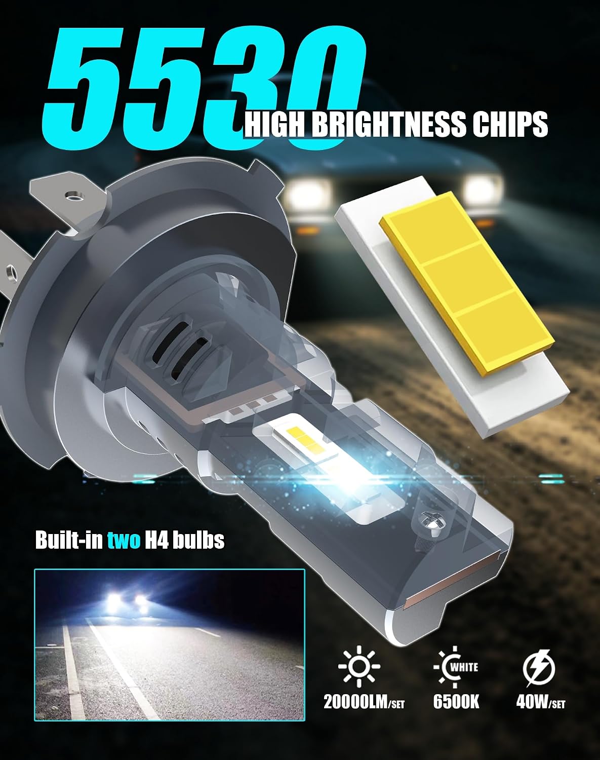 H6024 Glass Round Headlight Housings and H4 Light Bulbs | 6014, 6015, 6016, 7 Inch OEM Style Original Classic Look Conversion Assembly Pair Kit with 2 Adapter cables