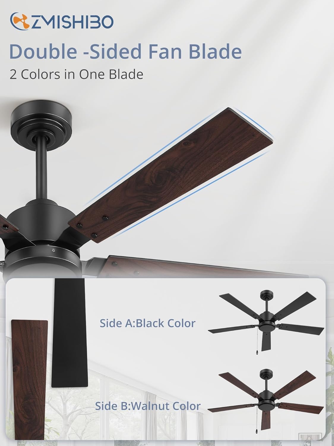 ZMISHIBO 52 Inch Ceiling Fan No Light with Pull Chain, Modern Ceiling Fan without Lights, 6-Speeds, Quiet DC Motor, Remote Control, Black Ceiling Fan for Bedroom, Living Room, Indoor/Outdoor Use Black 52 Inch