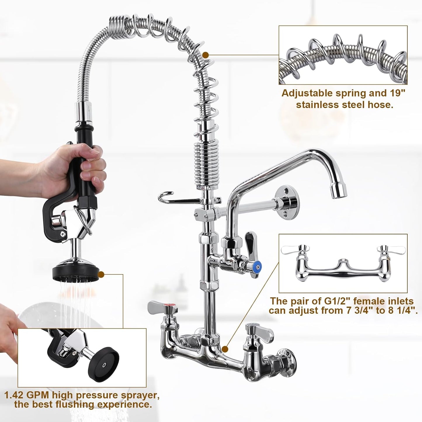 ALEASHA 21 Inches Commercial Faucet with Sprayer, Commercial Sink Faucet with 8 Inches Adjustable Center for Restaurant Indus